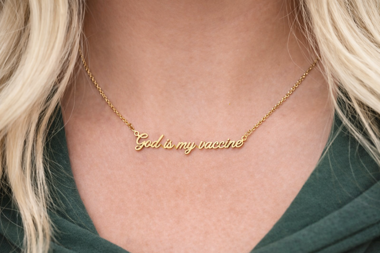 God Is My Vaccine Fine Script Necklace – Gold