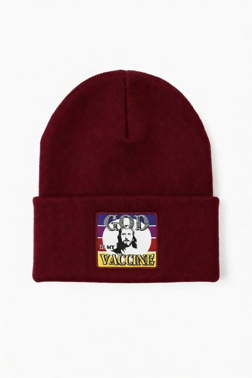 God Is My Vaccine Knit Beanie – Burgundy